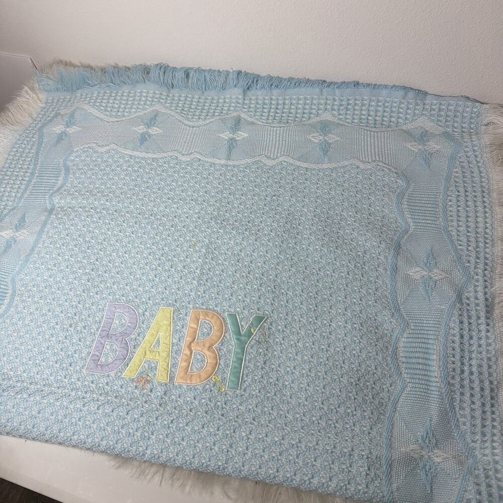 Bright Future BABY Patch Acrylic White Blanket Lovey Applique Pastel Fringe